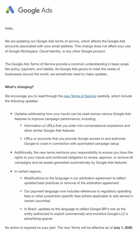 Google Ads email to advertisers announcing the updated Terms of Service effective 1 July 2026