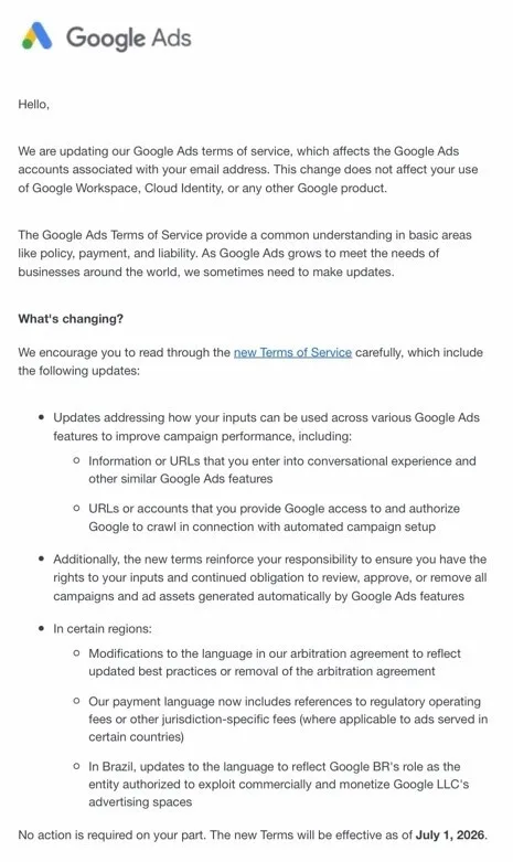 Google Ads email to advertisers announcing the updated Terms of Service effective 1 July 2026