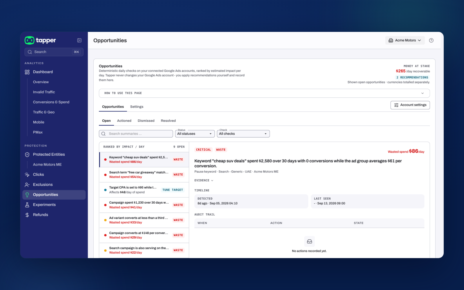 Tapper Lift: the Opportunities queue ranking Google Ads waste by estimated daily impact