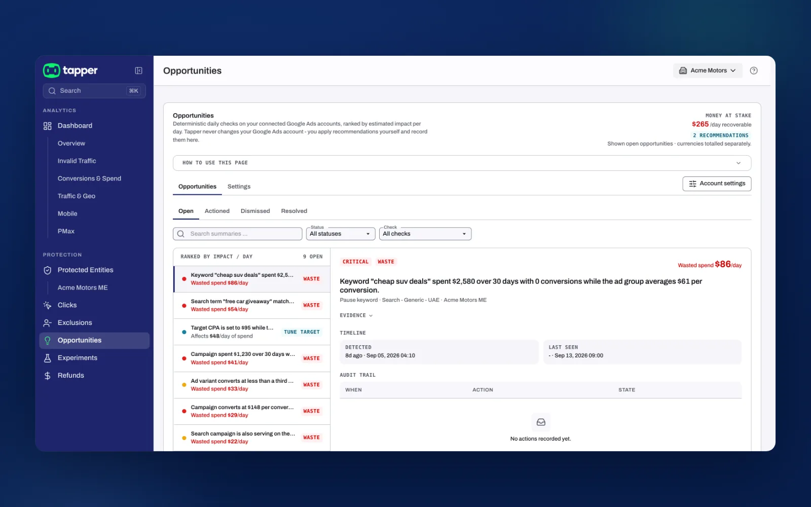 Tapper Lift: the Opportunities queue ranking Google Ads waste by estimated daily impact